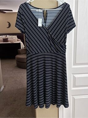 Maurices Navy and White Striped Faux-Wrap Midi Dress
